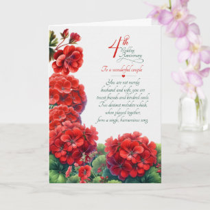 Trouwdag 4 Jaar Sentimentele Rode Geraniums Kaart
