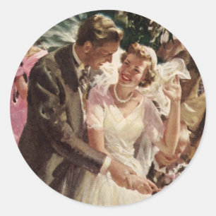 Trouwdag bruid bruidegom pasgetrouwden snijden de ronde sticker