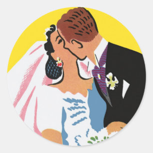 Trouwdag, bruid en bruidegom pasgetrouwd kussen ronde sticker