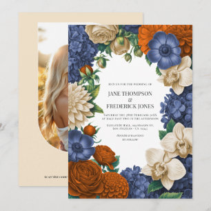 Trouwdag in Navyblauw, Verbrand Oranje & Champagne Kaart