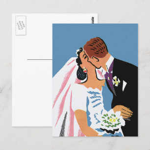 Trouwdag in vintage stijl, retro bruid en bruidego briefkaart