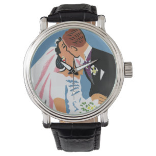 Trouwdag in vintage stijl, retro bruid en bruidego horloge