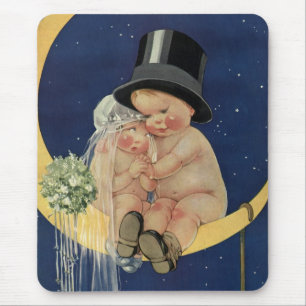 Trouwdag in vintage stijl, Schattig bruidspaar op  Muismat