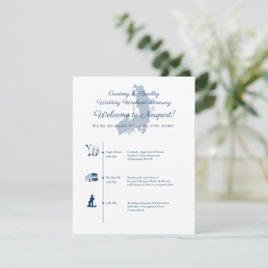 Trouwdag Itinerarium Tijdschema Newport RI Informatiekaartje (Staand voorkant)