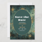 Trouwdag met antieke waterverf en hemellichamen save the date (Voorkant)