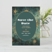 Trouwdag met antieke waterverf en hemellichamen save the date (Staand voorkant)