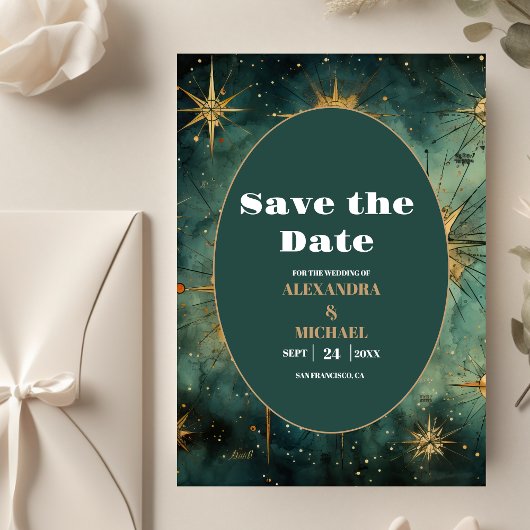 Trouwdag met antieke waterverf en hemellichamen save the date