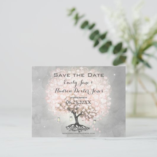 Trouwdag met Bleekroze Hartbladboom Aankondigingskaart (Staand voorkant)