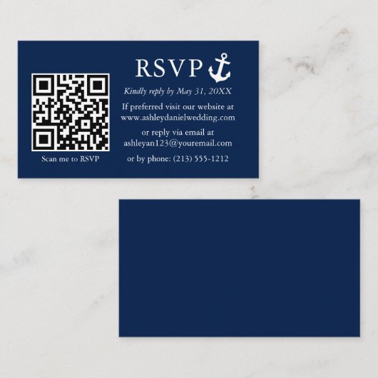Trouwdag Nautische Navy Blauwe Anker RSVP QR Informatiekaartje (Voorkant / Achterkant)