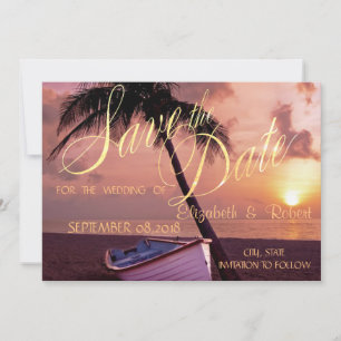 Trouwdag op het strand palm, zonsondergang, boot save the date