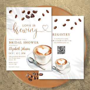 Trouwdag uitnodiging Love Is Brewing Coffee QR Cod