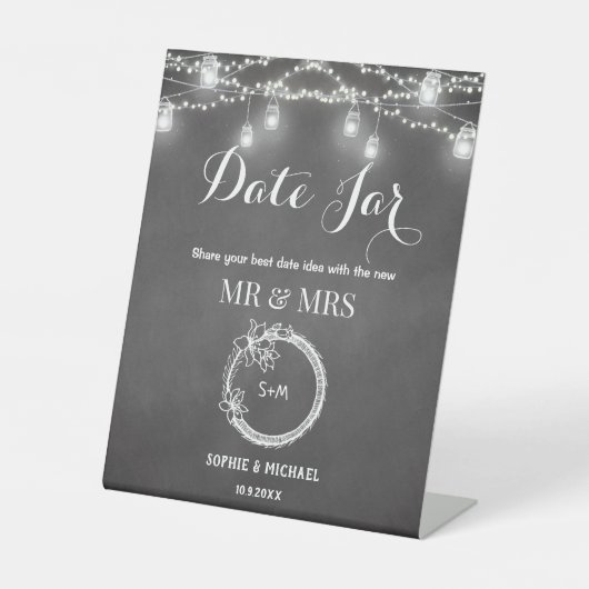 Trouwdatum Jar Black String Lights Reclamebord Met Voetstuk (Voorkant)