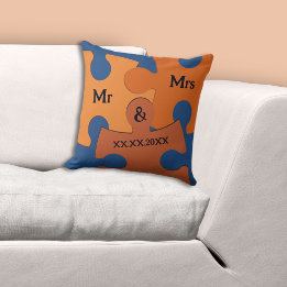 Trouwdatum meneer en mevrouw Oranje en Blauwe Puzz Kussen
