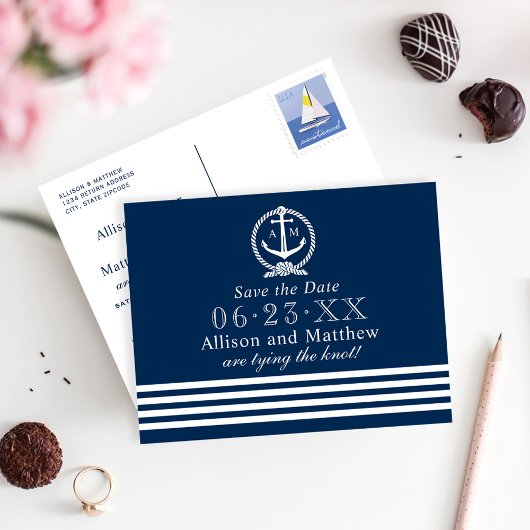 Trouwdatum Nautisch Marine Monogram Aankondigingskaart