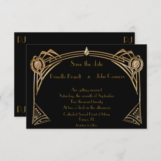 Trouwdatum opslaan, great-Gatsby, zwart & goud Kaart (Voorkant / Achterkant)