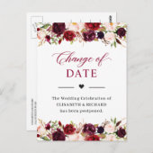 Trouwdatum Uitgesteld Bourgogne Rode Blos Bloemig Briefkaart (Voorkant / Achterkant)