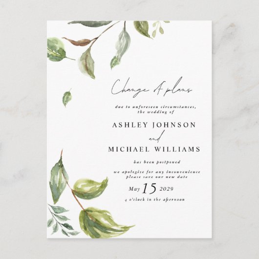Trouwdatum Verandering van Plannen Waterverf Scrip Aankondigingskaart (Voorkant)