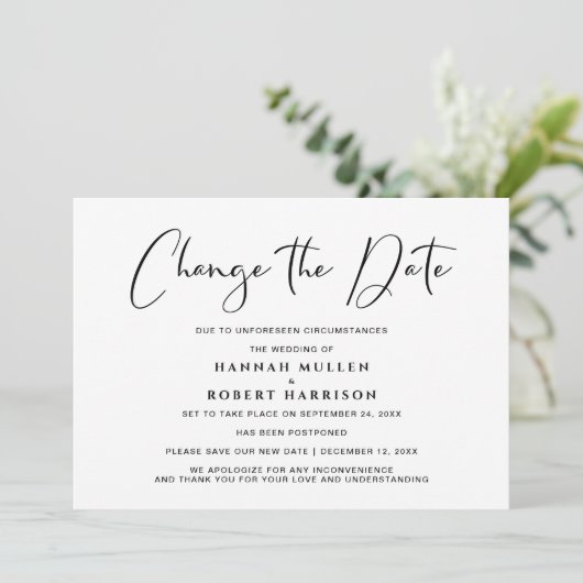 Trouwdatum Wijzig de Datum Uitstel Zwart Wit Aankondiging (Staand voorkant)