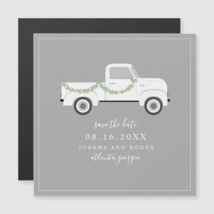 Trouwdatum witte oldtimer vrachtwagen magnetische uitnodiging