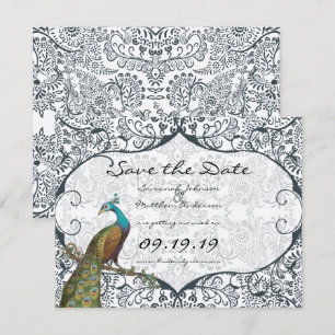 Trouwdatumkaart met Navy Whimsical Pauw Liefdesvog Save The Date