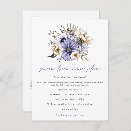 Trouwde Liefde Nieuwe Plan Datum Paarse Bloemen Aankondigingskaart (Voorkant / Achterkant)