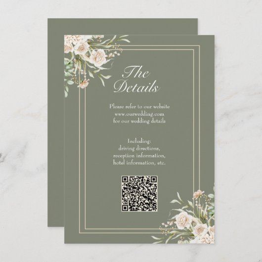 Trouwdetailkaart in saliegroen - Elegante QR-code Informatiekaartje (Voorkant / Achterkant)