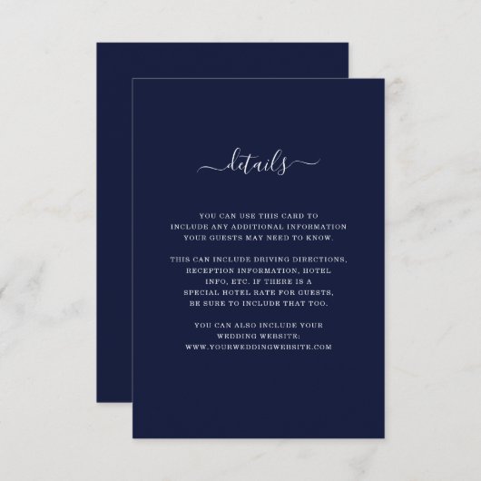 Trouwdetails | Elegant donkerblauw en wit Informatiekaartje (Voorkant / Achterkant)