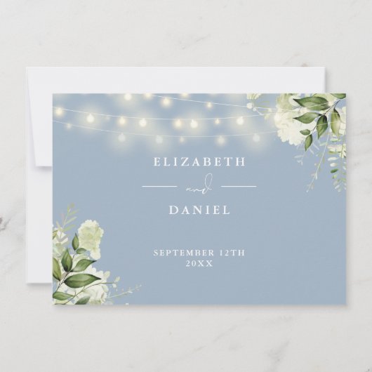 Trouwdetails en informatie in stoffig blauw groen kaart (Achterkant)