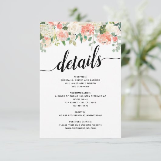 Trouwdetails met perzik- en blosbloemen informatiekaartje (Staand voorkant)