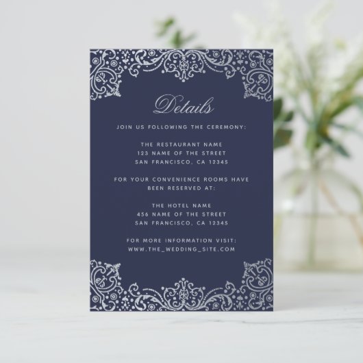 Trouwdetails Navy Blue Silver Antiek Informatiekaartje (Staand voorkant)