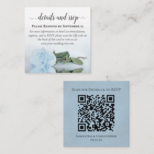 Trouwdetails & RSVP QR Code van Pale Blue Rose Informatiekaartje (Voorkant / Achterkant)