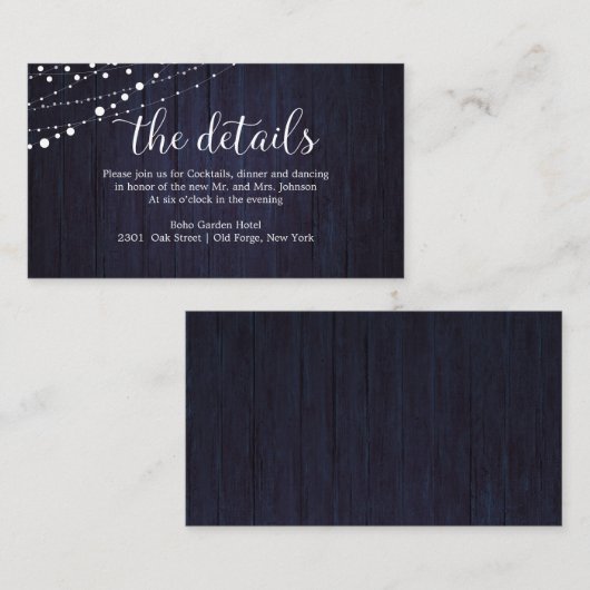 Trouwdetails Rustiek Hout Trouwen Marine Blauw Informatiekaartje (Voorkant / Achterkant)