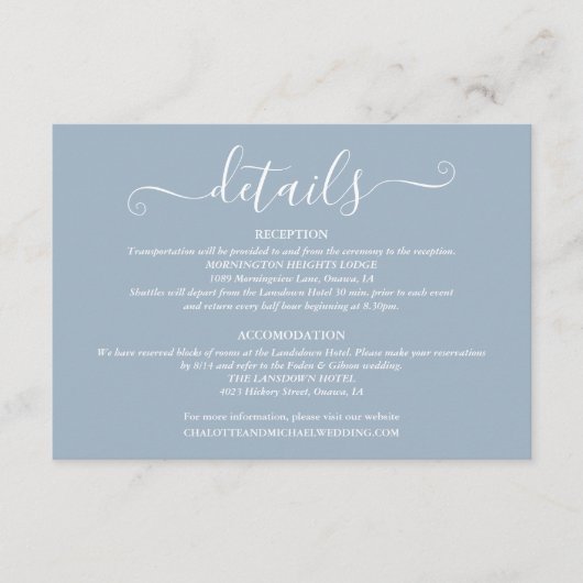 Trouwdetails Spring Lights Script Stof Blauw Informatiekaartje (Voorkant)