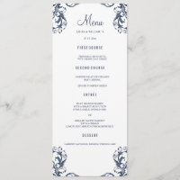 Trouwdiner Menu Kaarten | Navy Blue Damask Style