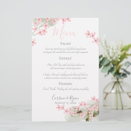 Trouwdiner Menu Roze Bloesem (Staand voorkant)