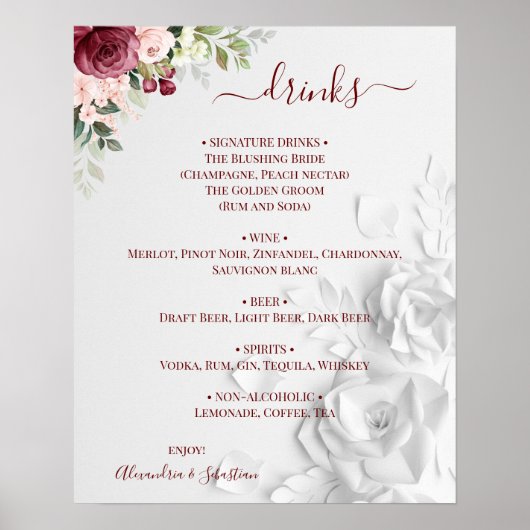 Trouwdranken Menu Bord Bloemen Poster (Voorkant)