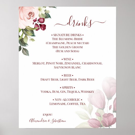 Trouwdranken Menu Bord met Bloemrozen Poster (Voorkant)