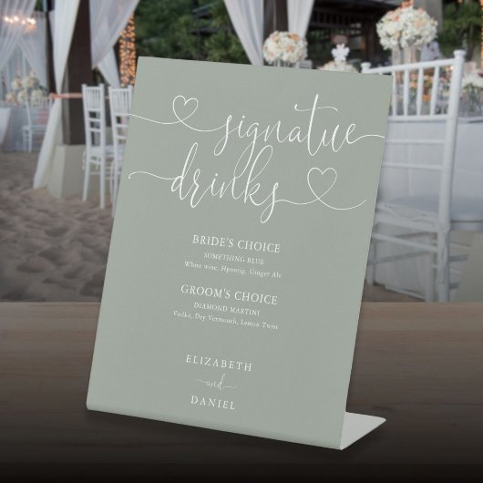 Trouwdranken met saliegroene hartscript reclamebord met voetstuk