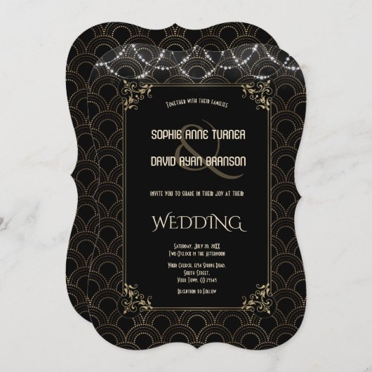 Trouwe Gouden Art Deco Fleur-de-lis Bruiloft Kaart (Voorkant / Achterkant)