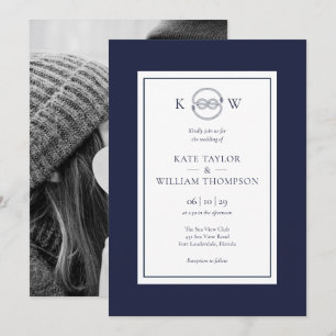 Trouwe Knoop Marineblauw Monogram Trouwfoto Kaart