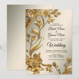 Trouwe Uitnodiging met Gouden Golfblad Bloemen