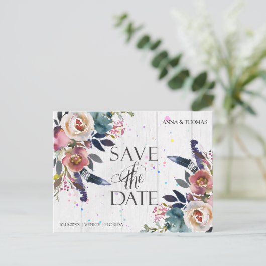 Trouwen bewaar de data | Boho Blue & Misty Roos Aankondigingskaart (Staand voorkant)