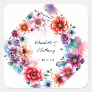 Trouwen Creatieve Bloemen Namen van Paar & Datum Vierkante Sticker