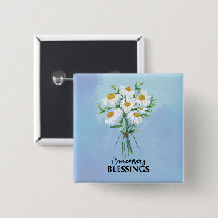 Trouwen Jubileum Boeket van Daisies Blessings Vierkante Button 5,1 Cm