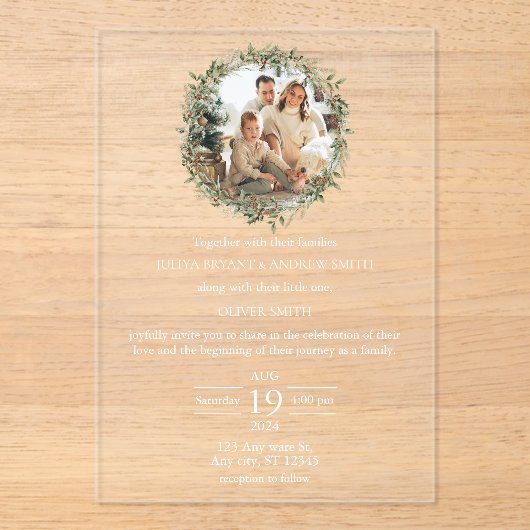 Trouwen met een kind groene foto bruiloft acryl uitnodigingen (Voorkant)