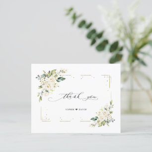 Trouwen met witte bloemen gouden glans lijst bedankkaart