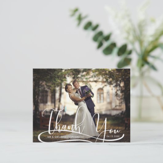 Trouwen Modern Hand Script DANK U Foto Briefkaart (Staand voorkant)