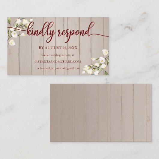 Trouwen Online RSVP Witte Bloemen Rustiek Hout Enc Informatiekaartje (Voorkant / Achterkant)
