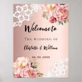 Trouwen roos gouden bloemen kant welkomstbord poster (Voorkant)