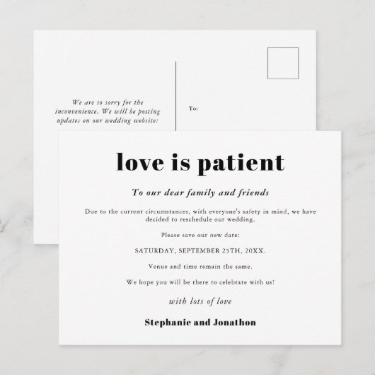 Trouwen Uitgesteld Liefde Is Geduldig Nieuwe Datum Aankondigingskaart (Voorkant / Achterkant)